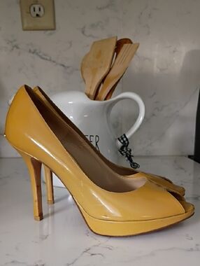 Dior Yellow Patent Peep-Toe Stiletto Heels